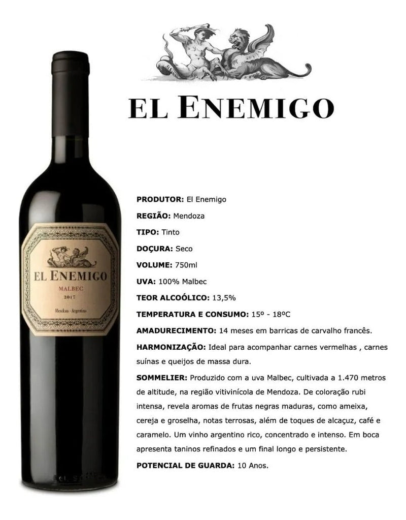 Vinho Tinto Argentino El Enemigo Malbec 750ml