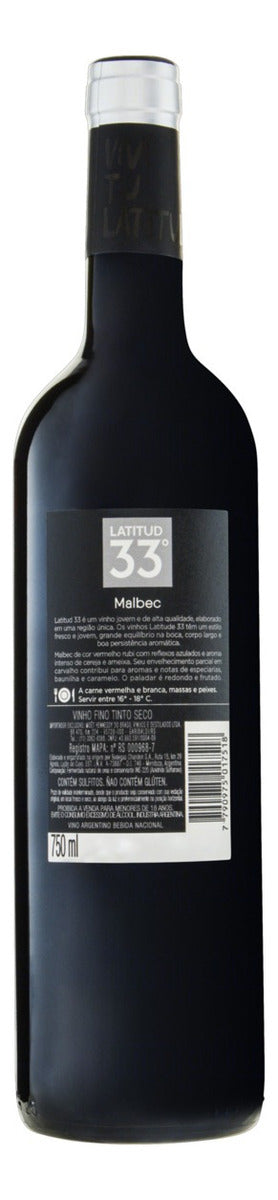 Vinho Argentino tinto seco Latitud 33º Malbec 750ml